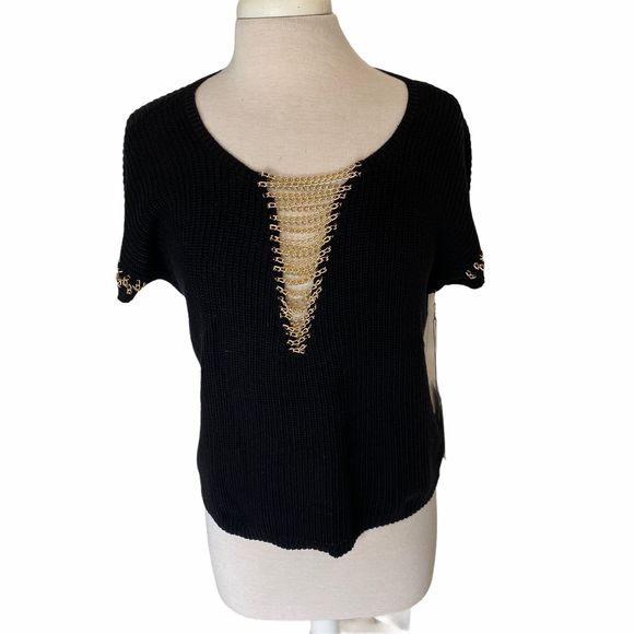 Jennifer Lopez NWT Sweater Large Black Gold Chain - Picture 1 of 6